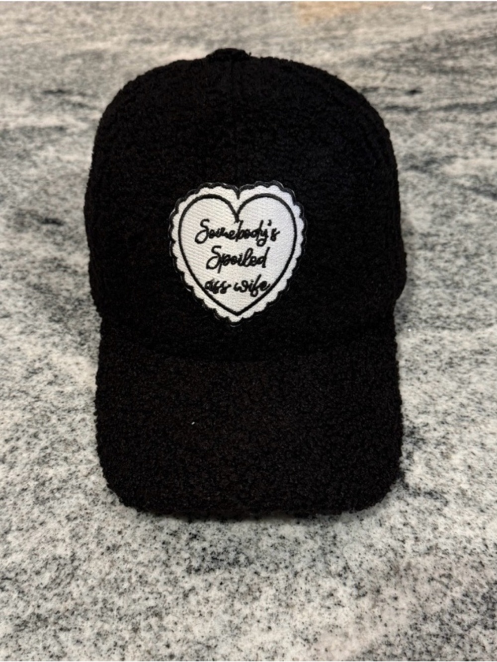 New Custom Designed Black Sherpa Teddy Cap w/ 'Somebody's Spoiled Wife' Heart